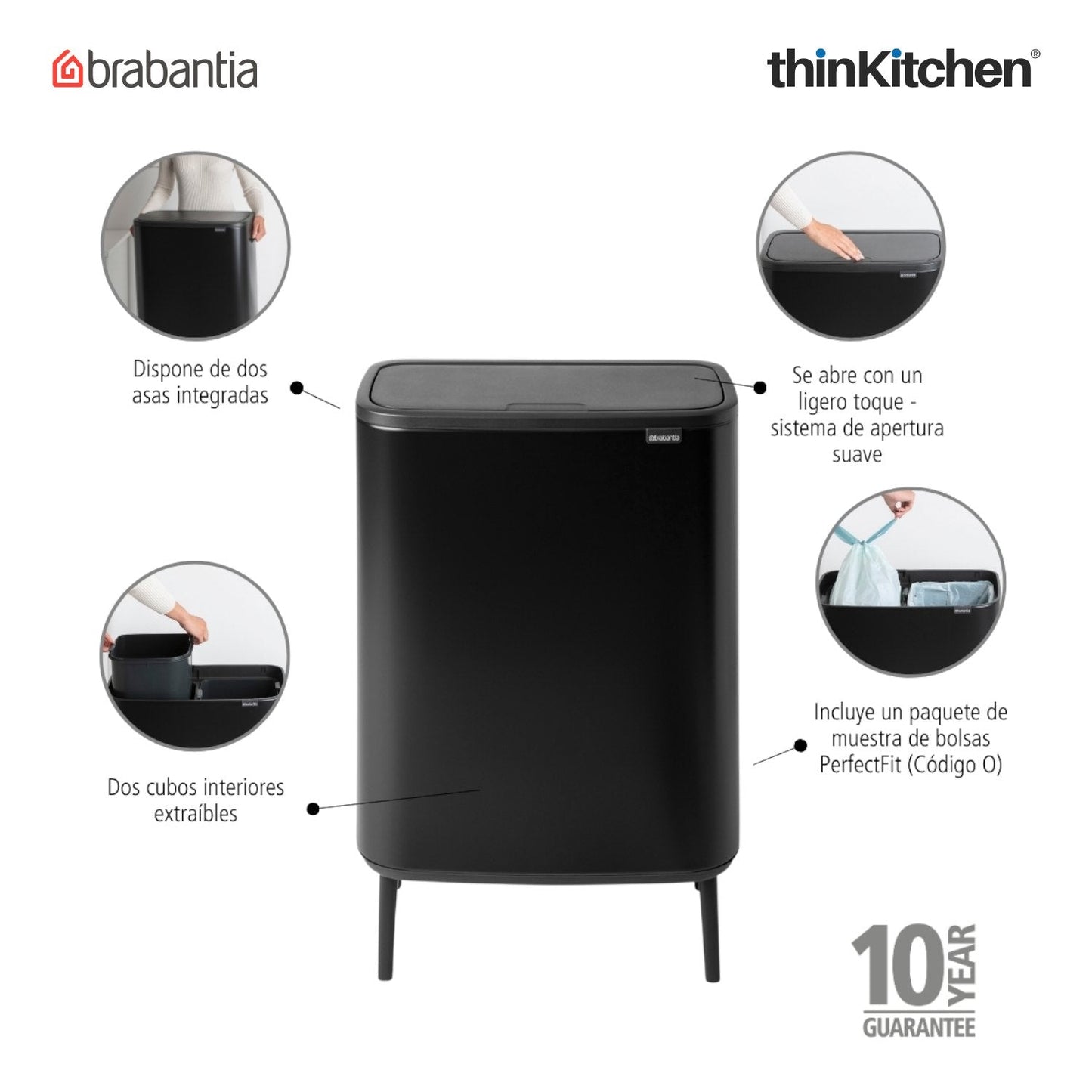 Brabantia, Touch Bins, Dustbin, Bo Touch Bin Hi, 2 X 30 Litre, Plastic Buckets, Matt Black