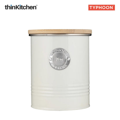 Typhoon Living Premium Tea Storage Canister  - Cream, 1 Litre|Airtight Metal Jar with Bamboo Lid, Kitchen Countertop Storage Container
