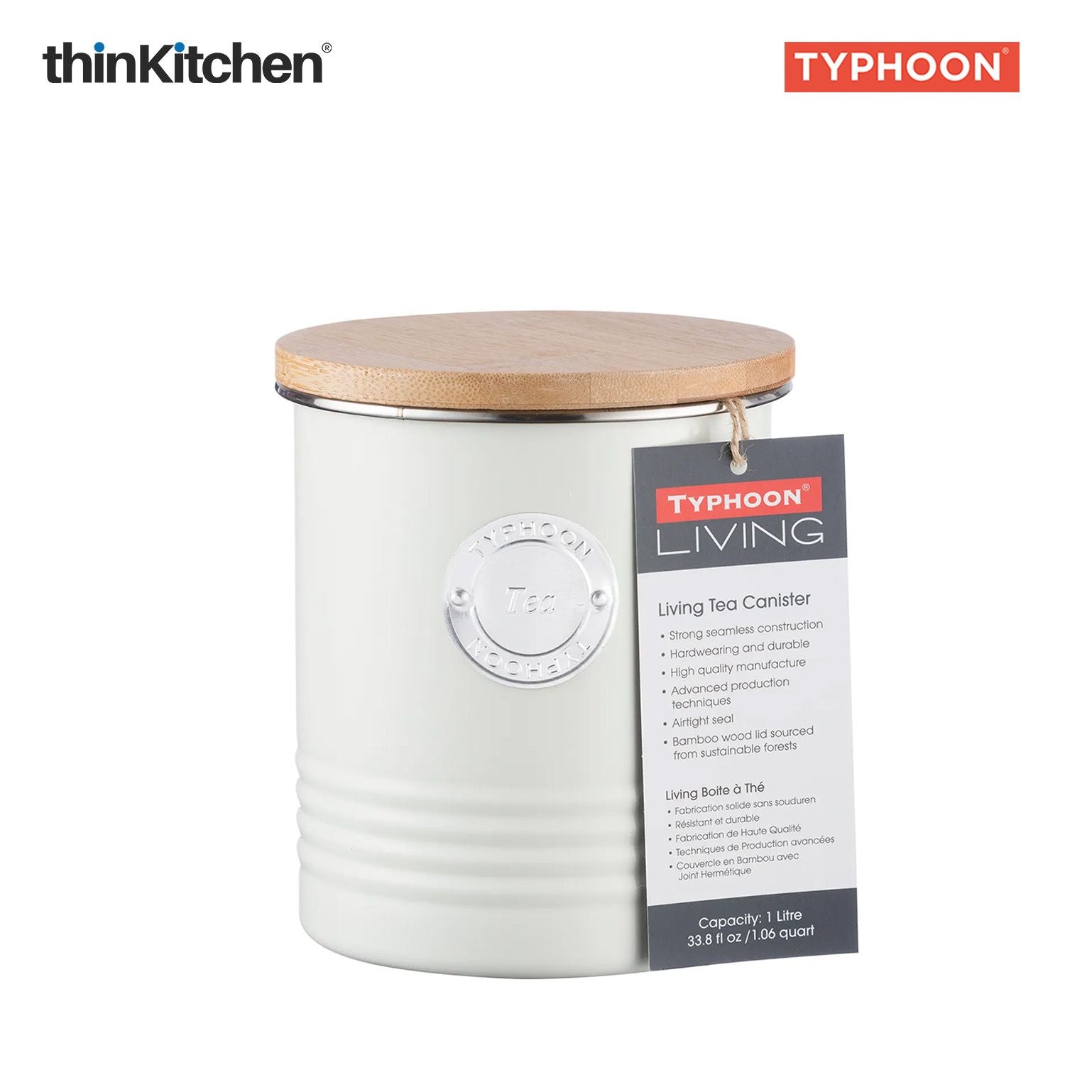Typhoon Living Premium Tea Storage Canister  - Cream, 1 Litre|Airtight Metal Jar with Bamboo Lid, Kitchen Countertop Storage Container - 3