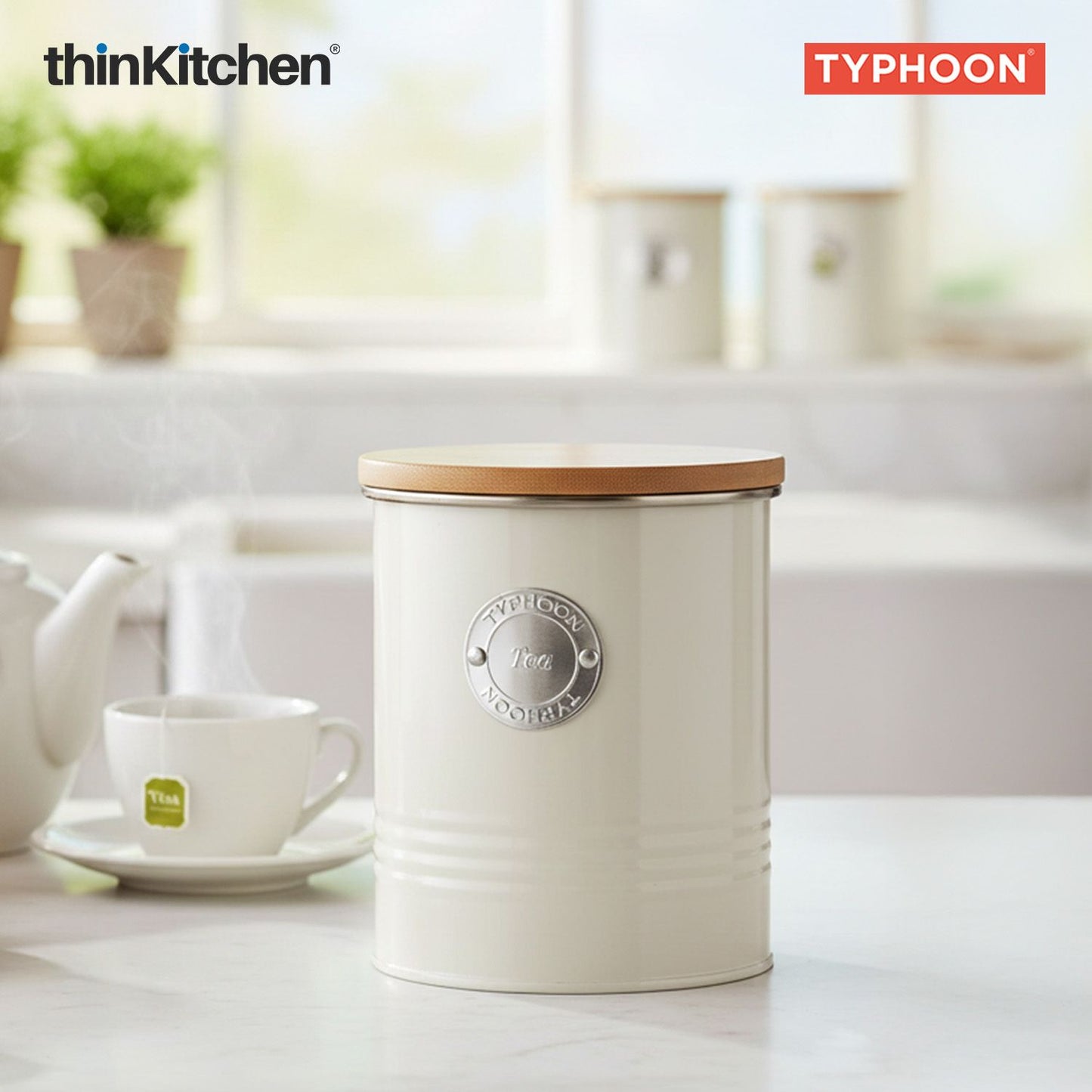 Typhoon Living Premium Tea Storage Canister  - Cream, 1 Litre|Airtight Metal Jar with Bamboo Lid, Kitchen Countertop Storage Container