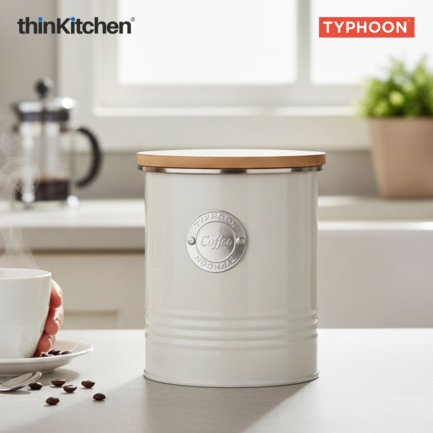 Typhoon Living Premium Coffee Storage Canister  - Cream, 1 Litre|Airtight Metal Jar with Bamboo Lid, Kitchen Countertop Storage Container