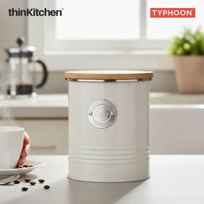 Typhoon Living Premium Coffee Storage Canister  - Cream, 1 Litre|Airtight Metal Jar with Bamboo Lid, Kitchen Countertop Storage Container