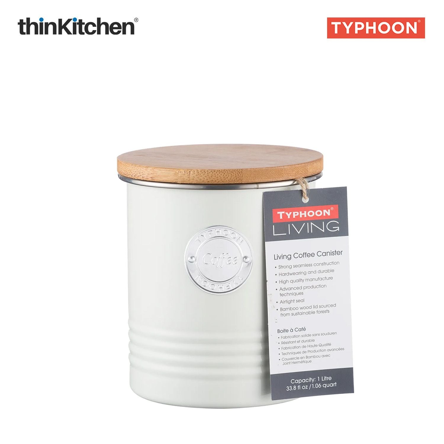 Typhoon Living Premium Coffee Storage Canister  - Cream, 1 Litre|Airtight Metal Jar with Bamboo Lid, Kitchen Countertop Storage Container - 3