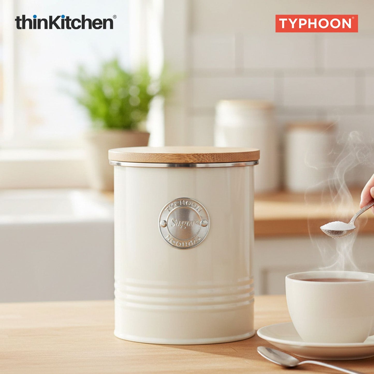 Typhoon Living Premium Sugar Storage Canister  - Cream, 1 Litre|Airtight Metal Jar with Bamboo Lid, Kitchen Countertop Storage Container