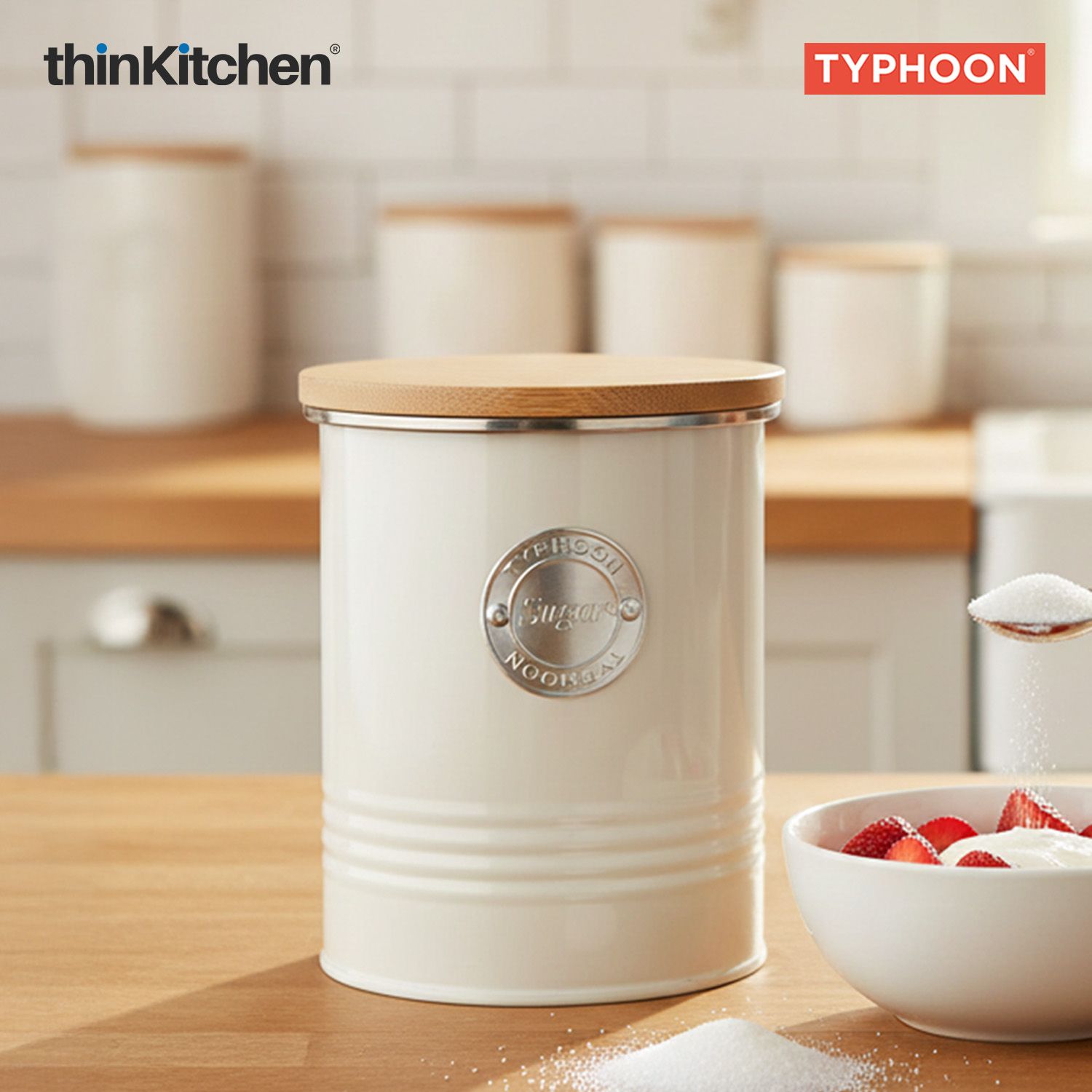 Typhoon Living Premium Sugar Storage Canister  - Cream, 1 Litre|Airtight Metal Jar with Bamboo Lid, Kitchen Countertop Storage Container - 3