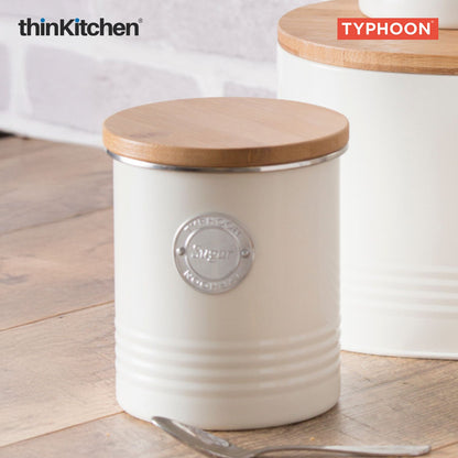 Typhoon Living Premium Sugar Storage Canister  - Cream, 1 Litre|Airtight Metal Jar with Bamboo Lid, Kitchen Countertop Storage Container