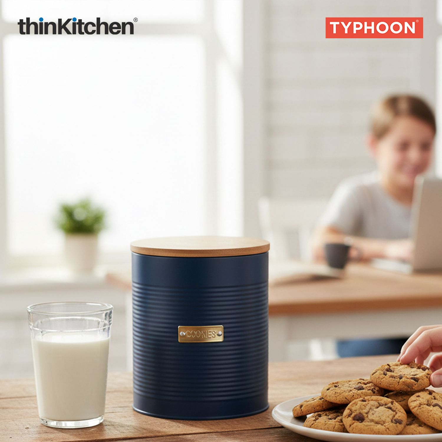 Typhoon Otto Premium Cookie Storage Canister  - Navy Blue, 3 Litre|Airtight Metal Jar with Bamboo Lid for Biscuits , Kitchen Countertop Storage Container - 1