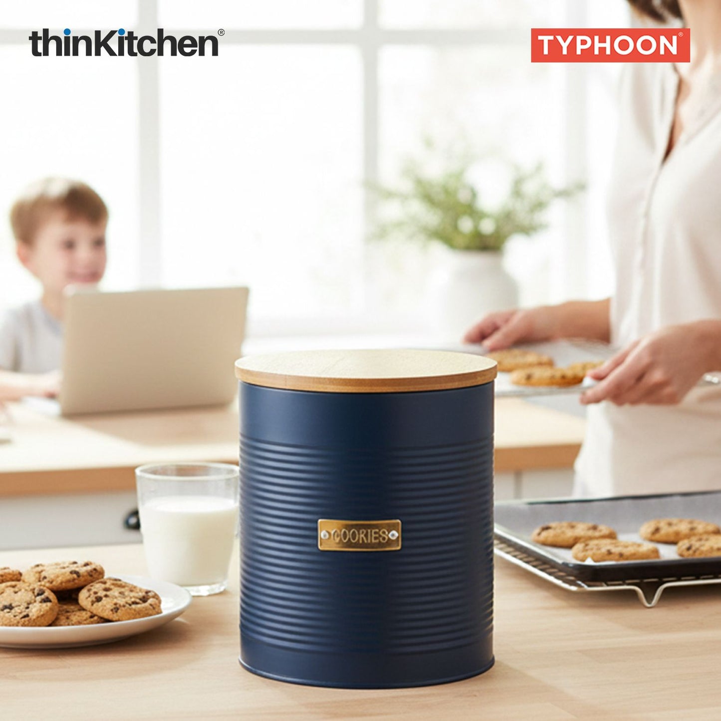 Typhoon Otto Premium Cookie Storage Canister  - Navy Blue, 3 Litre|Airtight Metal Jar with Bamboo Lid for Biscuits , Kitchen Countertop Storage Container