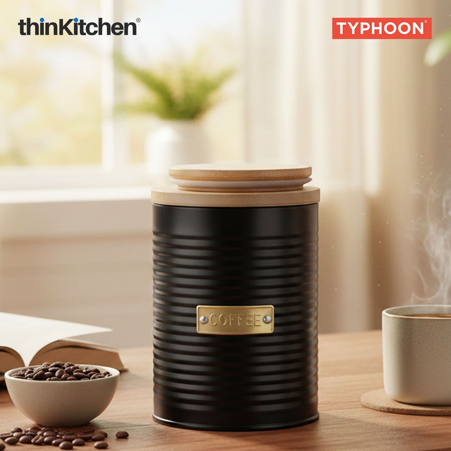 Typhoon Otto Premium Coffee Storage Canister  - Navy Blue, 1 Litre|Airtight Metal Jar with Bamboo Lid, Kitchen Countertop Storage Container - 4