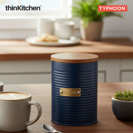 Typhoon Otto Premium Sugar Storage Canister  - Navy Blue, 1 Litre|Airtight Metal Jar with Bamboo Lid, Kitchen Countertop Storage Container