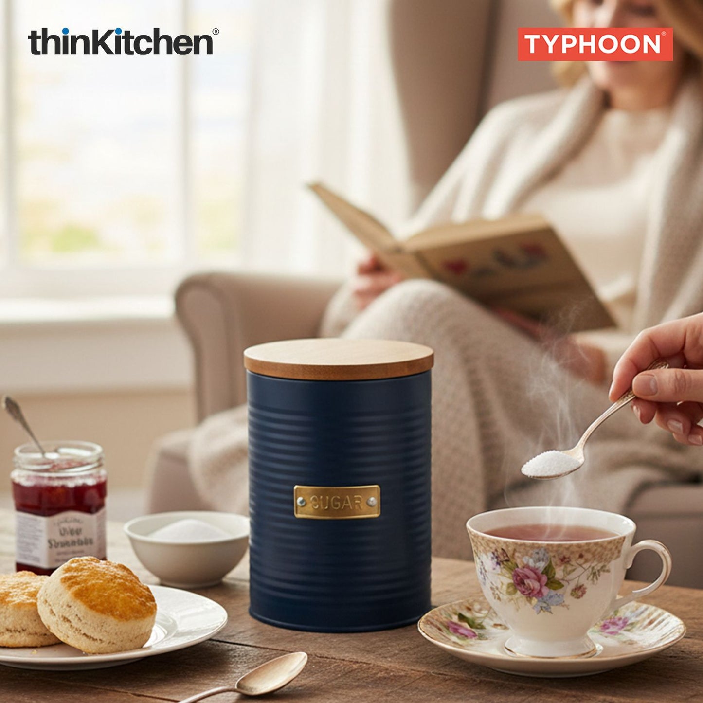 Typhoon Otto Premium Sugar Storage Canister  - Navy Blue, 1 Litre|Airtight Metal Jar with Bamboo Lid, Kitchen Countertop Storage Container