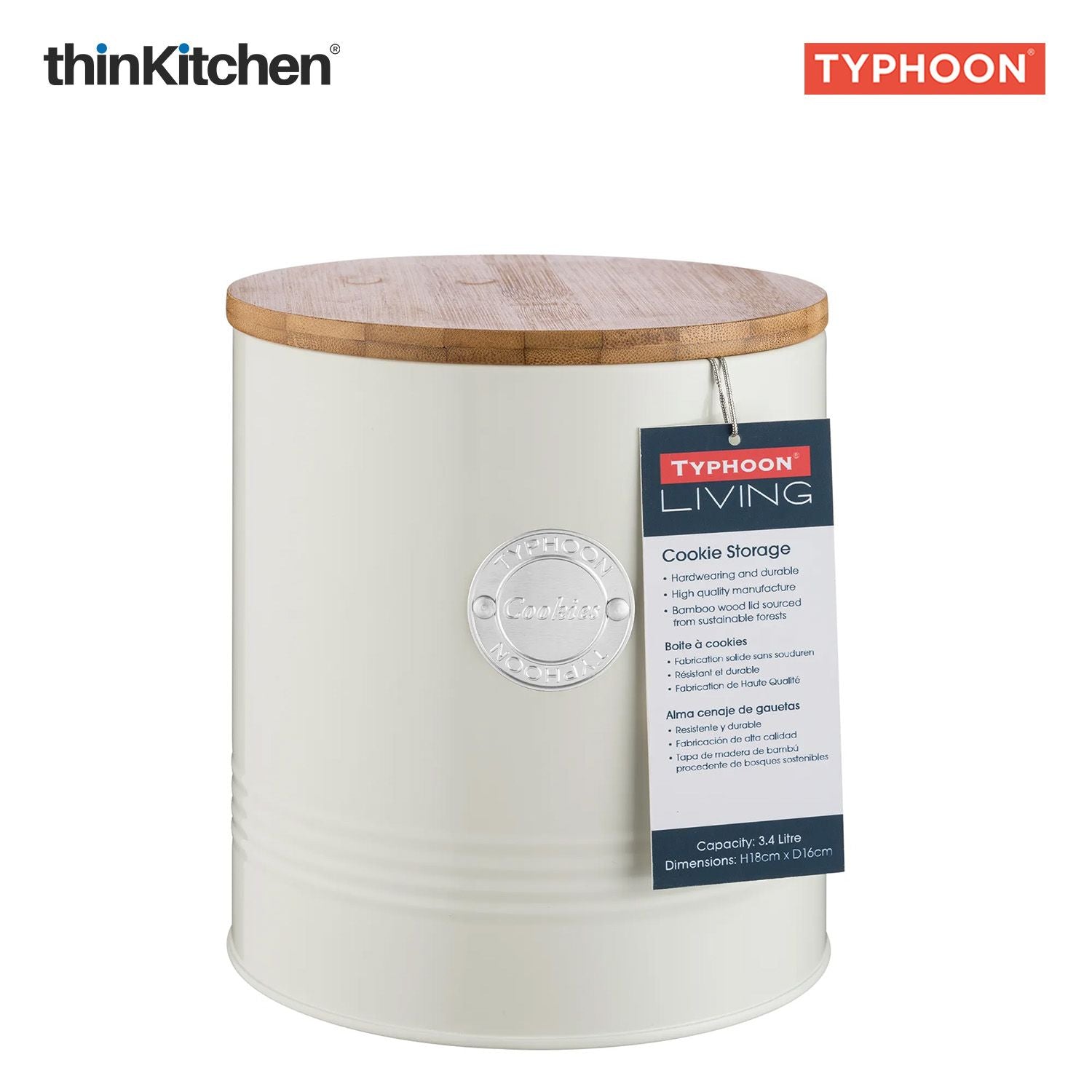 Typhoon Living Premium Cookie Storage Canister  - Cream, 3 Litre|Airtight Metal Jar with Bamboo Lid for Biscuits , Kitchen Countertop Storage Container - 3
