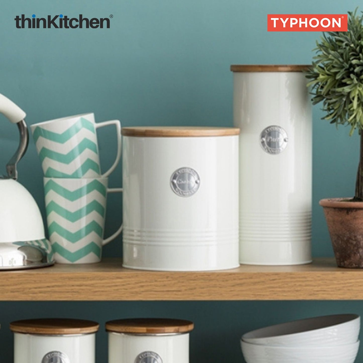 Typhoon Living Premium Cookie Storage Canister  - Cream, 3 Litre|Airtight Metal Jar with Bamboo Lid for Biscuits , Kitchen Countertop Storage Container