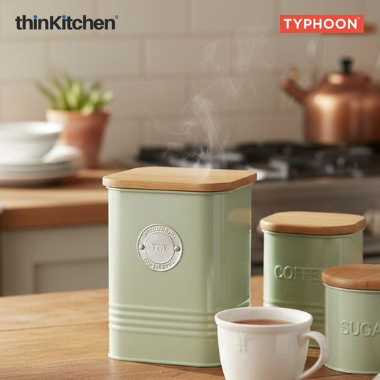 Typhoon Squircle Premium Tea Storage Canister  - Mint Green, 1.3 Litre|Square Airtight Metal Jar with Bamboo Lid, Kitchen Countertop Storage Container