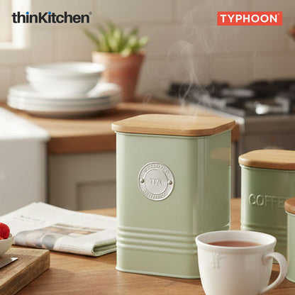 Typhoon Squircle Premium Tea Storage Canister  - Mint Green, 1.3 Litre|Square Airtight Metal Jar with Bamboo Lid, Kitchen Countertop Storage Container
