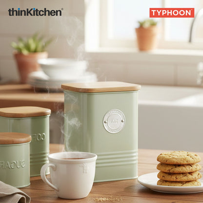 Typhoon Squircle Premium Tea Storage Canister  - Mint Green, 1.3 Litre|Square Airtight Metal Jar with Bamboo Lid, Kitchen Countertop Storage Container