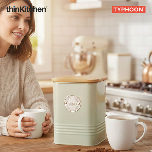 Typhoon Squircle Premium Coffee Storage Canister  - Mint Green, 1.3 Litre|Square Airtight Metal Jar with Bamboo Lid, Kitchen Countertop Storage Container