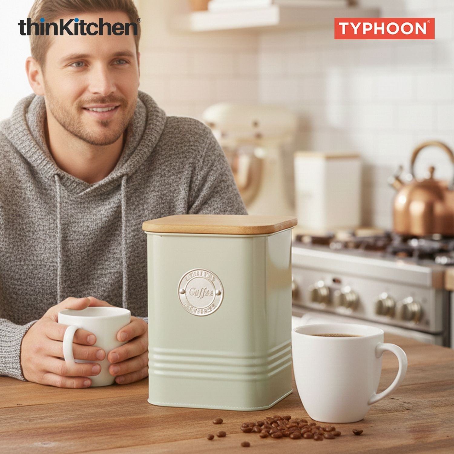 Typhoon Squircle Premium Coffee Storage Canister  - Mint Green, 1.3 Litre|Square Airtight Metal Jar with Bamboo Lid, Kitchen Countertop Storage Container - 3