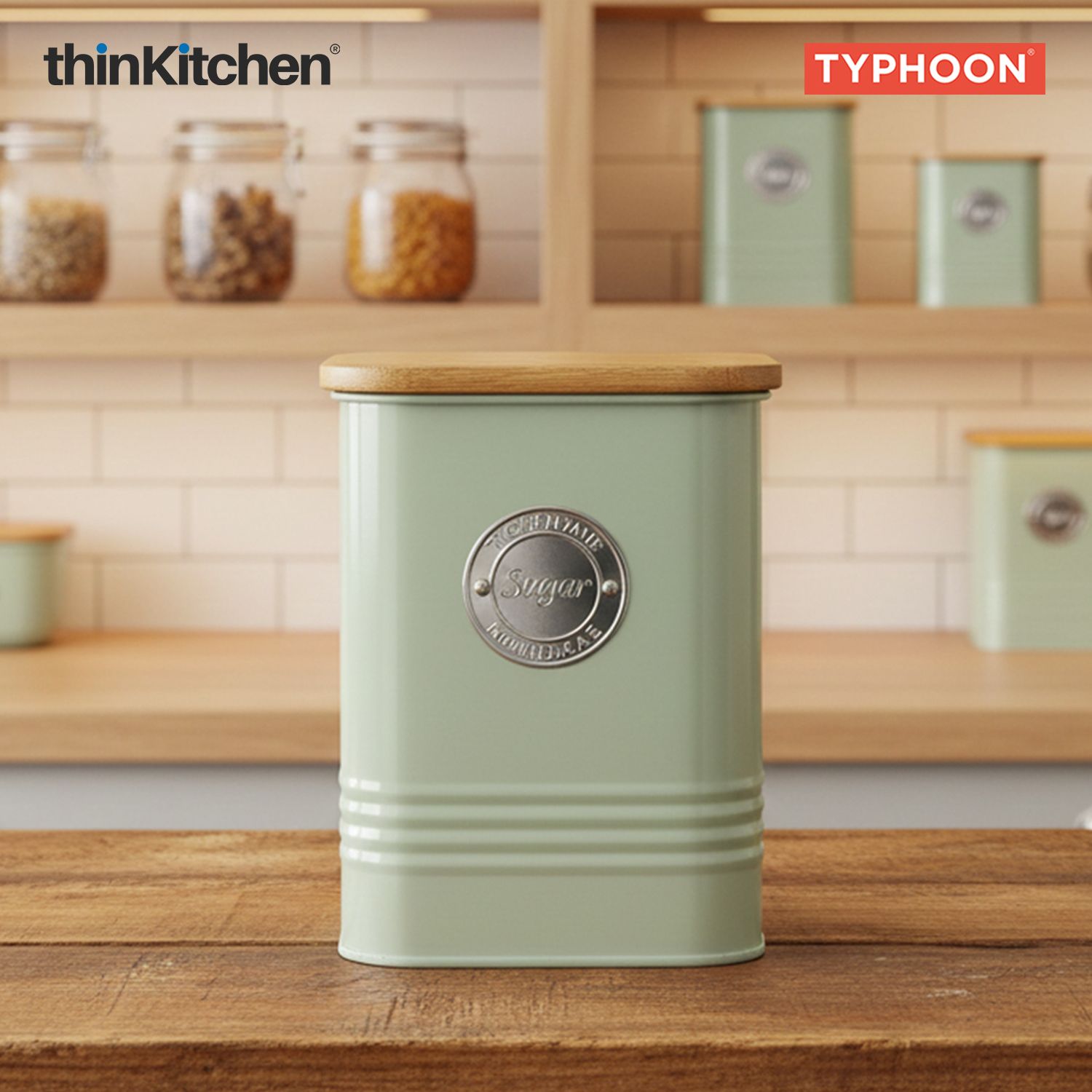 Typhoon Squircle Premium Sugar Storage Canister  - Mint Green, 1.3 Litre|Square Airtight Metal Jar with Bamboo Lid, Kitchen Countertop Storage Container - 1