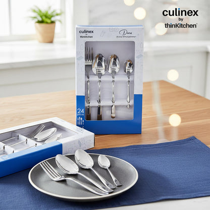 Culinex by thinKitchen Dora 18/8 Stainless Steel 24-Piece Cutlery Set | Elegant Mirror Finish | Dishwasher Safe | Ideal Gift for Every Occasion