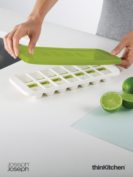 Joseph Joseph Quicksnap Plus Ice Cube Tray with Lid – Green | Easy-Release Ice Tray with Stackable Design | Premium Ice Molds for Drinks & Cocktails