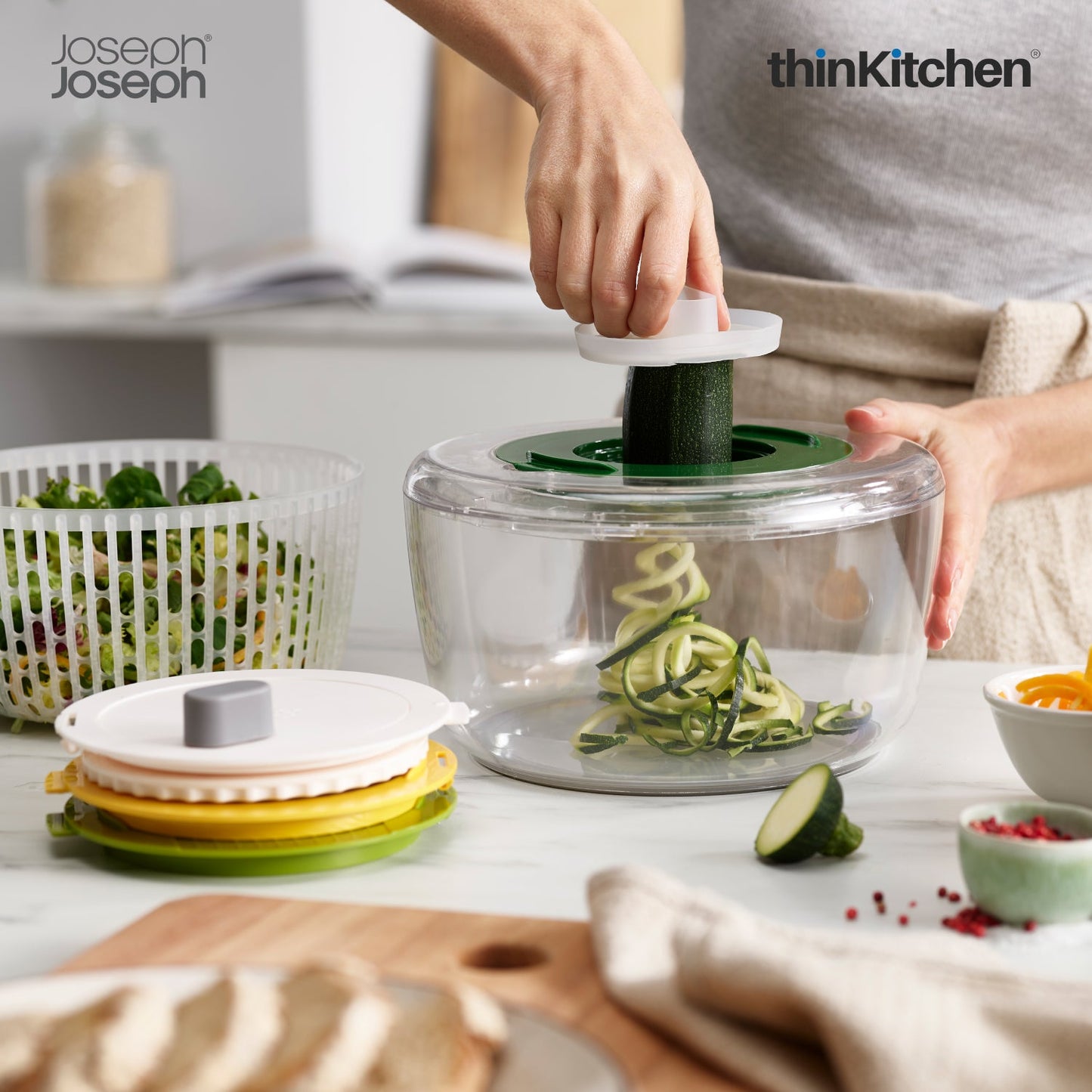 Joseph Joseph Multi Prep 4-Piece Salad Preparation Set – Premium Multicolour Salad Spinner, Spiralizer, Slicer & Grater with Non-Slip Base and Safe Finger Guard