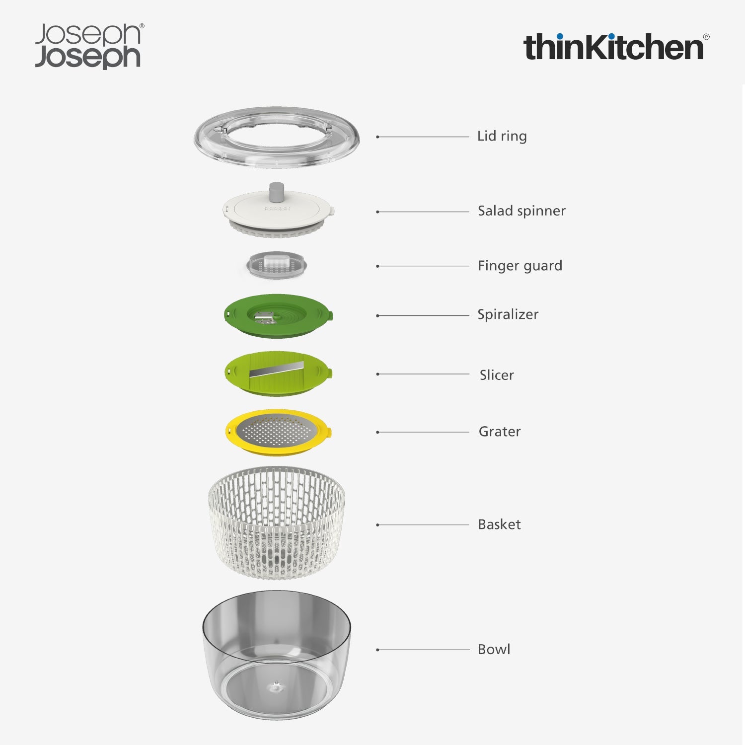 Joseph Joseph Multi Prep 4-Piece Salad Preparation Set – Premium Multicolour Salad Spinner, Spiralizer, Slicer & Grater with Non-Slip Base and Safe Finger Guard - 9