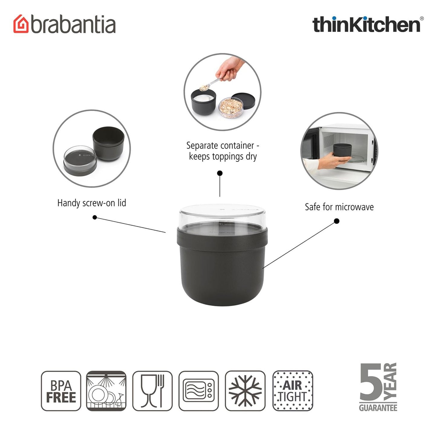 Brabantia Dark Grey Make & Take Breakfast Bowl, 0.5L