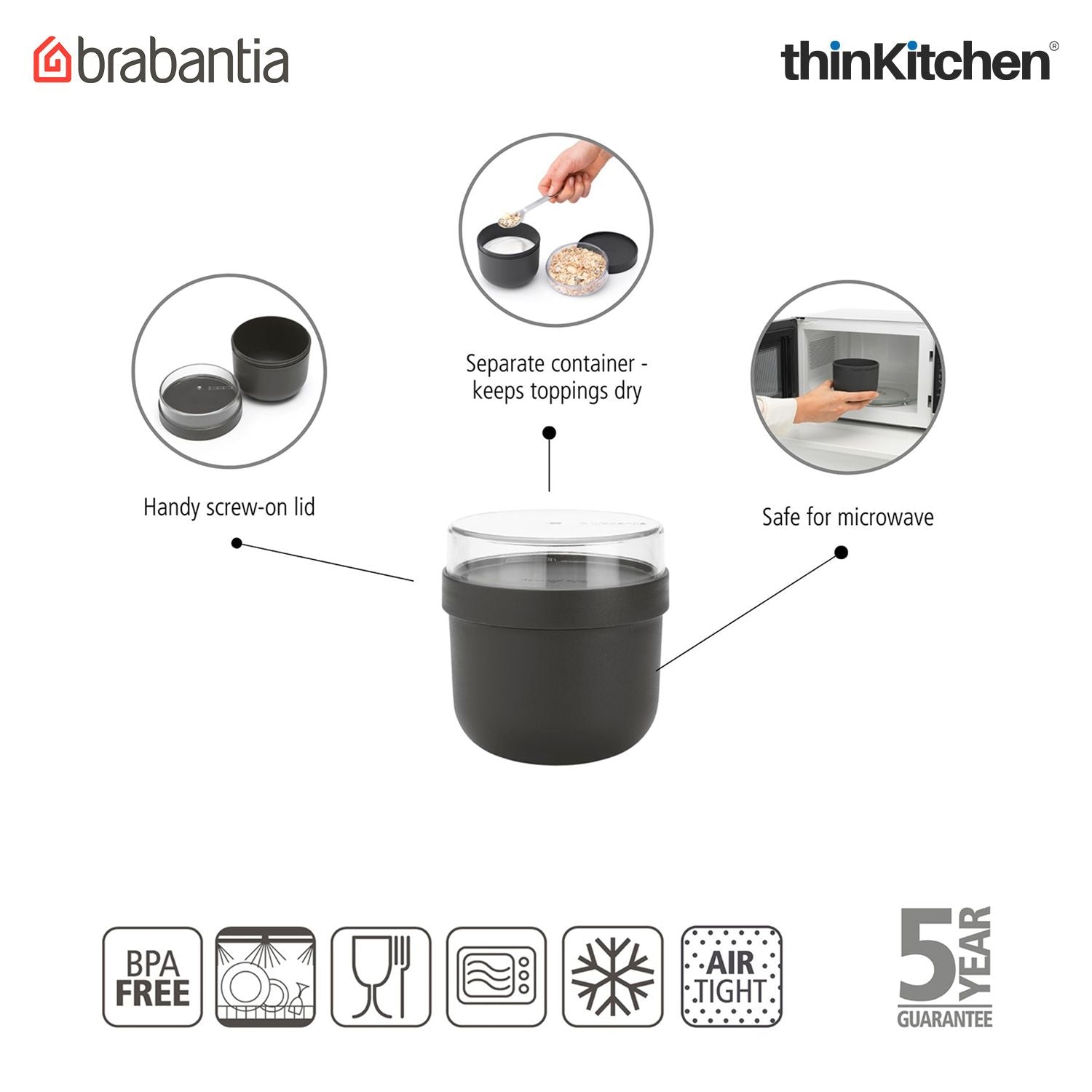 Brabantia Dark Grey Make & Take Breakfast Bowl, 0.5L - 3