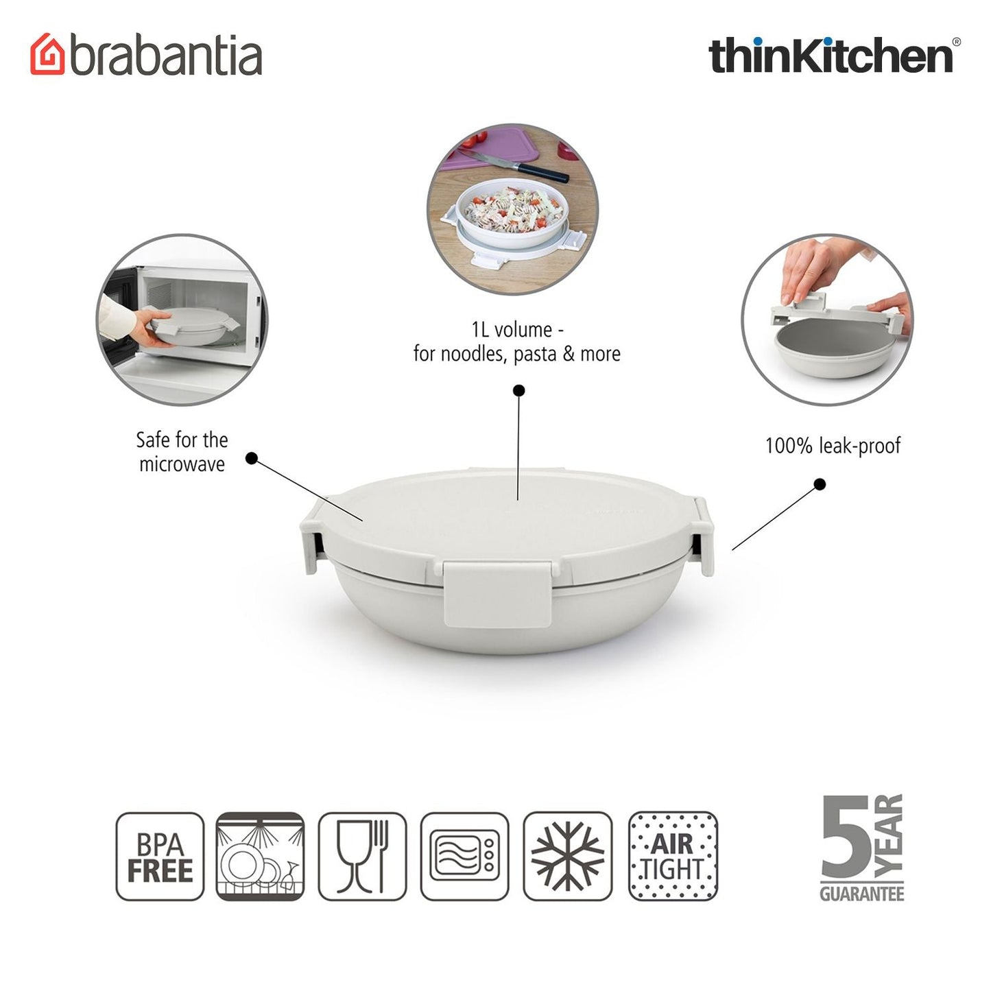 Brabantia Light Grey Make & Take Lunch Bowl, 1L, Plastic