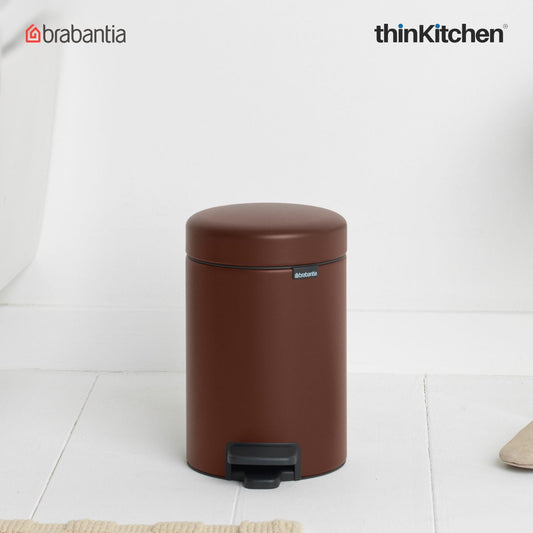 Brabantia, Waste Management, Dustbin, NewIcon Pedal Bin, 3 Litre, Plastic Bucket, Mineral Cosy Brown