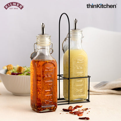 Kilner Glass Oil & Vinegar Bottles Set with Metal Rack, 300ml, Pack of 2