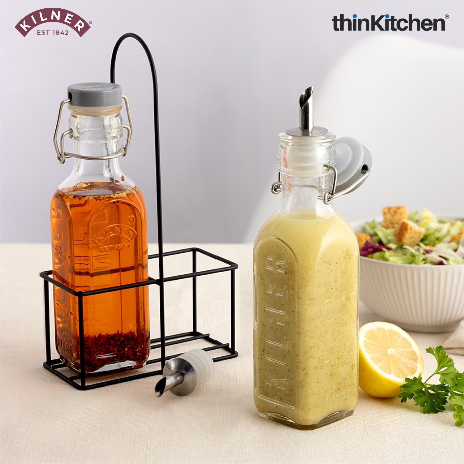 Kilner Glass Oil & Vinegar Bottles Set with Metal Rack, 300ml, Pack of 2 - 2