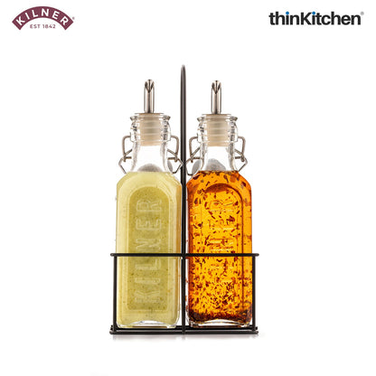 Kilner Glass Oil & Vinegar Bottles Set with Metal Rack, 300ml, Pack of 2