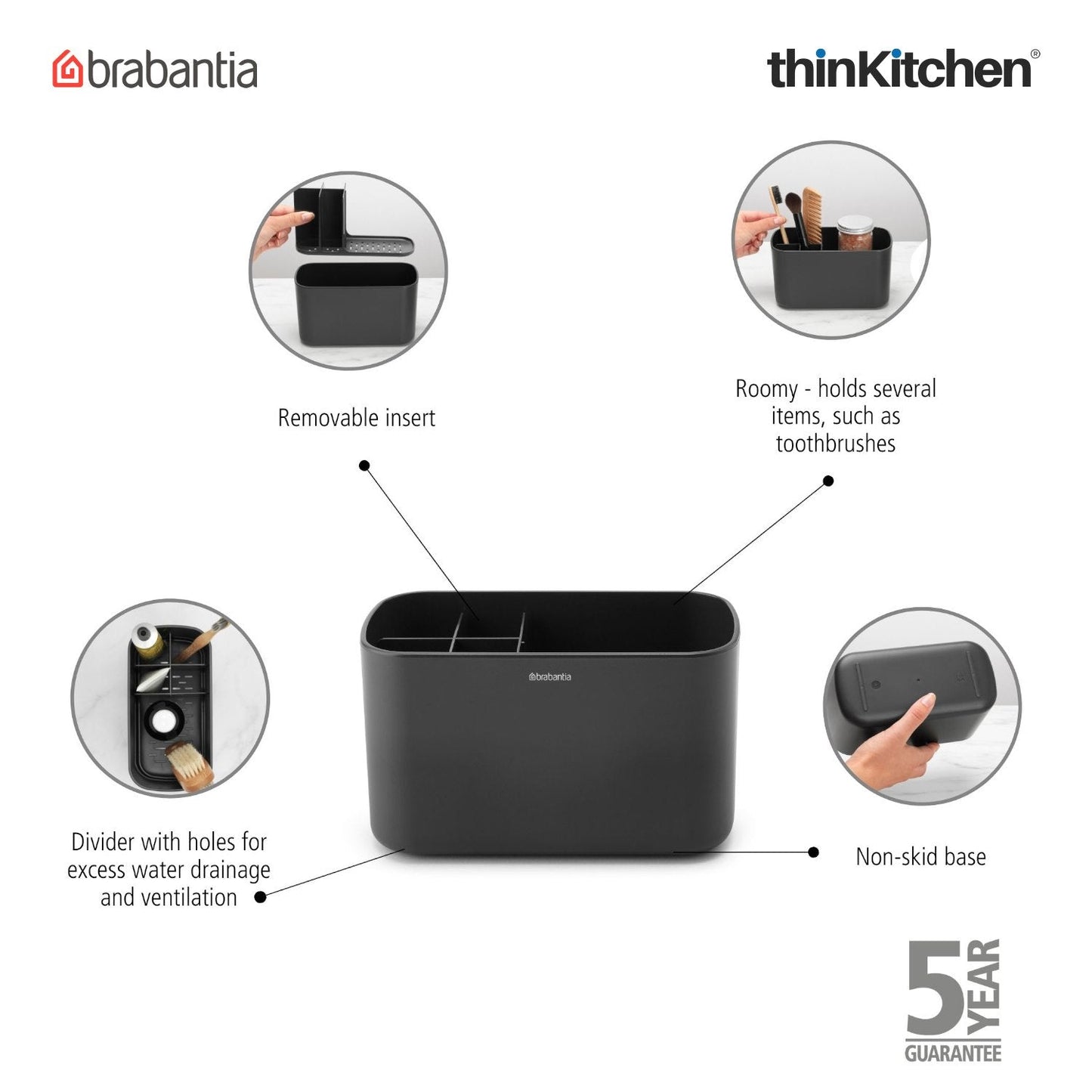 Brabantia Renew Bathroom Caddy Dark Grey | Premium Bathroom Organizer for Toothbrushes & Toiletries