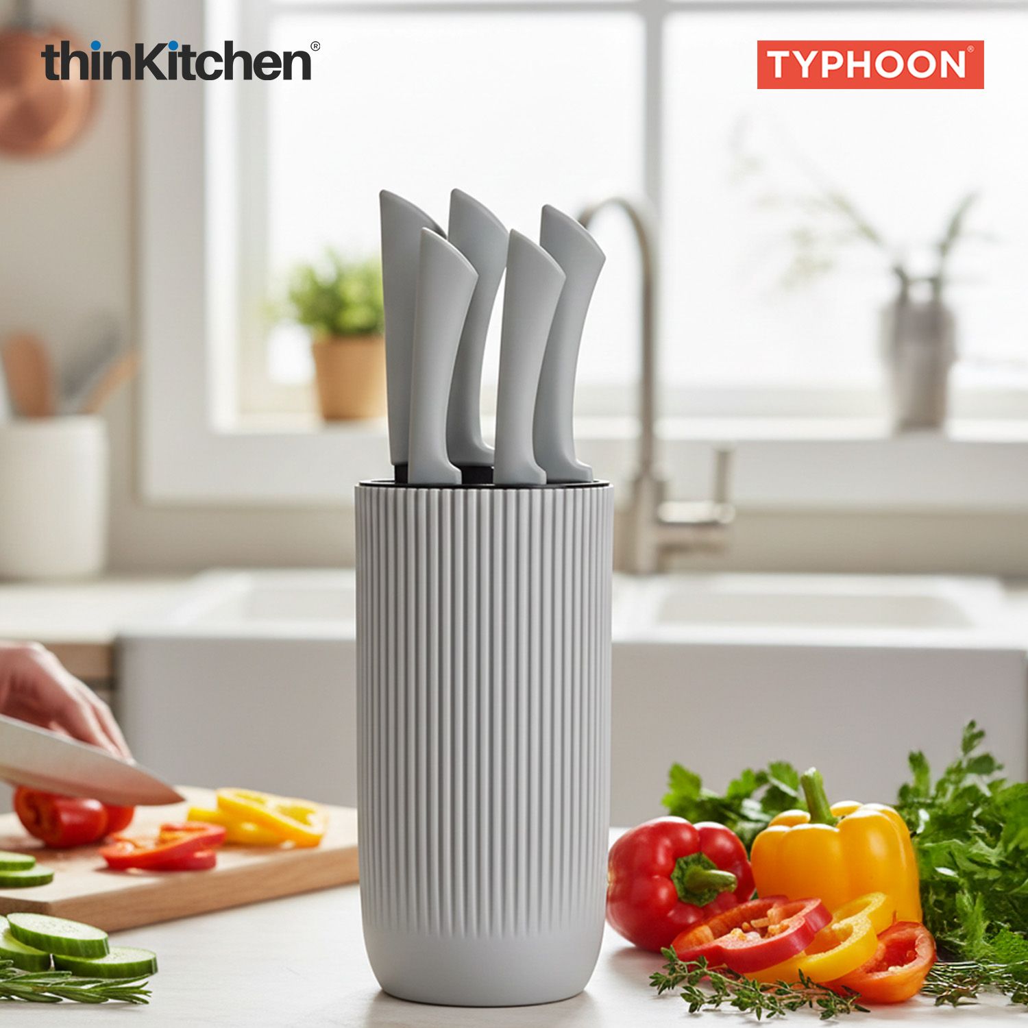 Viners Premium International Stainless Steel Sharp Kitchen Knife Block Set of 5 Pcs, Grey Ripple | Cutting & Chopping, Comfortable Grip| Crafted in UK - 1