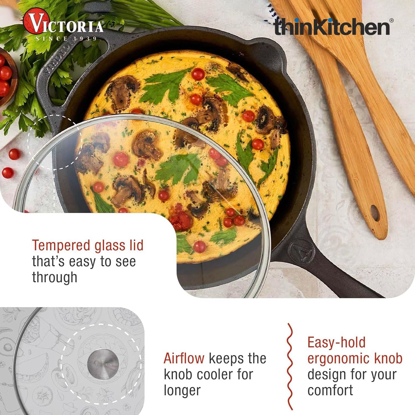 Victoria Round 10-Inch Glass Lid for Cast Iron Skillet or Pan, Custom Made for Only Victoria Brand, Diameter 9.5-Inch