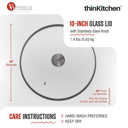 Victoria Round 10-Inch Glass Lid for Cast Iron Skillet or Pan, Custom Made for Only Victoria Brand, Diameter 9.5-Inch