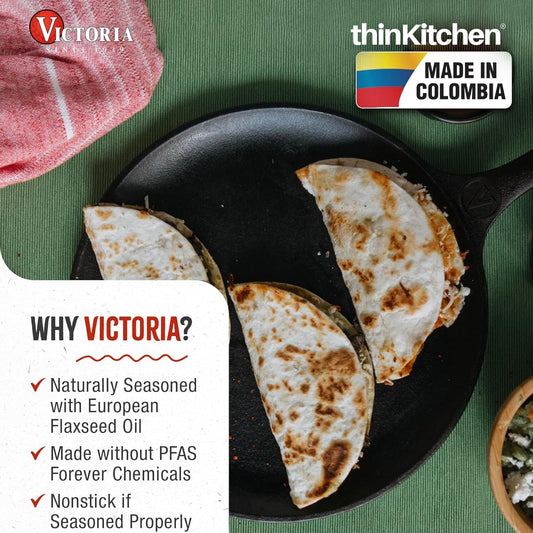 Victoria Pre-Seasoned Cast Iron Comal Griddle Pan 10.5 Inch with Long Handle | Durable Cast Iron Pan for Dosa, Tortilla, Pancake, Crepe & Roti | Grill Pan Made in Colombia