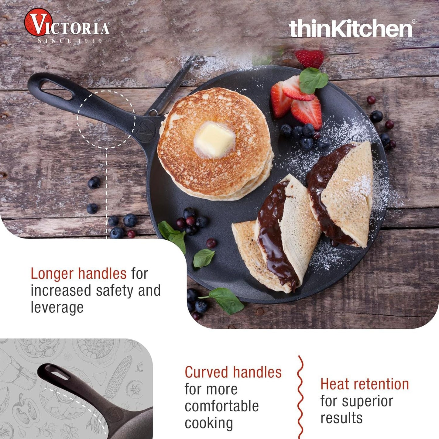 Victoria Pre-Seasoned Cast Iron Comal Griddle Pan 10.5 Inch with Long Handle | Durable Cast Iron Pan for Dosa, Tortilla, Pancake, Crepe & Roti | Grill Pan Made in Colombia