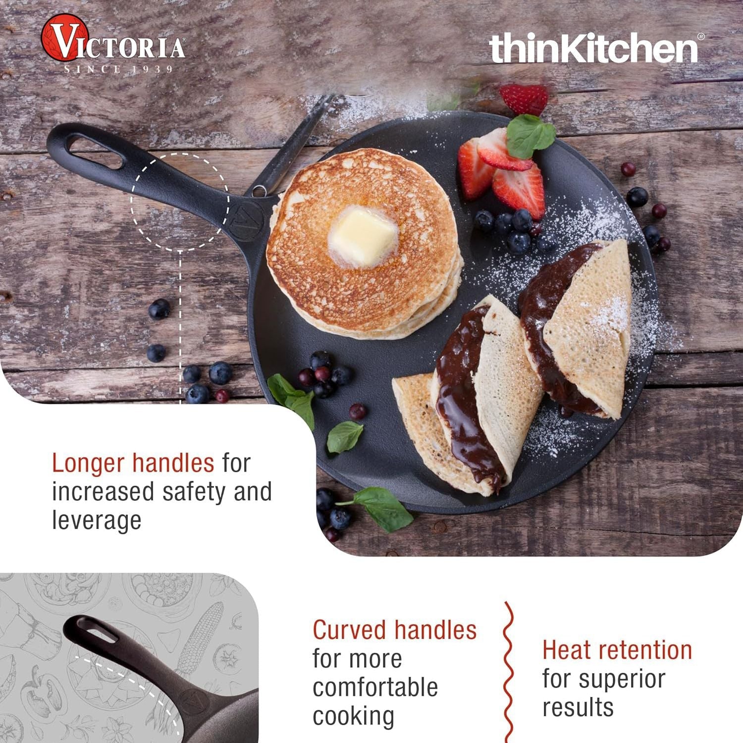 Victoria Pre-Seasoned Cast Iron Comal Griddle Pan 10.5 Inch with Long Handle | Durable Cast Iron Pan for Dosa, Tortilla, Pancake, Crepe & Roti | Grill Pan Made in Colombia - 7