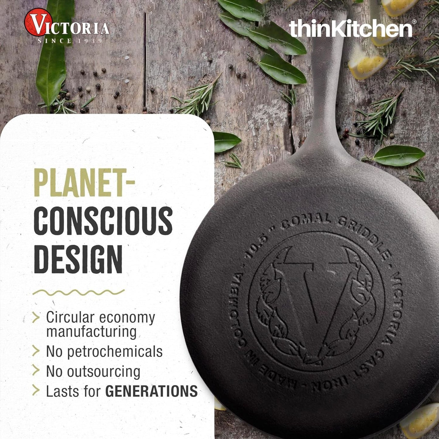 Victoria Pre-Seasoned Cast Iron Comal Griddle Pan 10.5 Inch with Long Handle | Durable Cast Iron Pan for Dosa, Tortilla, Pancake, Crepe & Roti | Grill Pan Made in Colombia