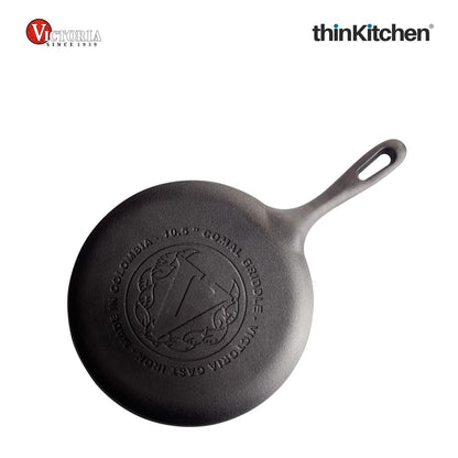 Victoria Pre-Seasoned Cast Iron Comal Griddle Pan 10.5 Inch with Long Handle | Durable Cast Iron Pan for Dosa, Tortilla, Pancake, Crepe & Roti | Grill Pan Made in Colombia
