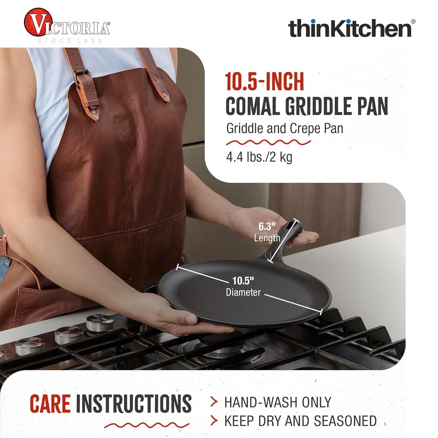 Victoria Pre-Seasoned Cast Iron Comal Griddle Pan 10.5 Inch with Long Handle | Durable Cast Iron Pan for Dosa, Tortilla, Pancake, Crepe & Roti | Grill Pan Made in Colombia - 4