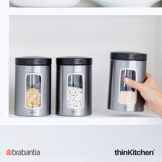Brabantia, Food Enjoyment, Window Canister Set, 1.4 Litre, 3 Piece, Matt Steel Fingerprint Proof / Matt Black Lid