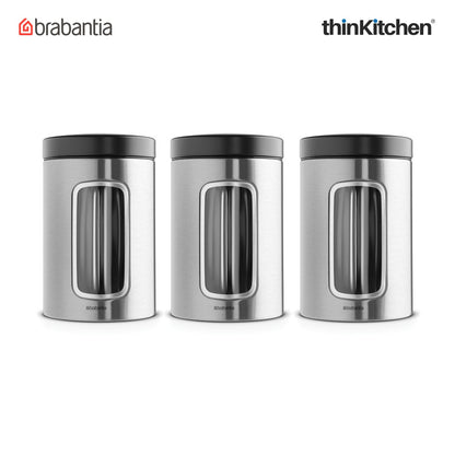 Brabantia, Food Enjoyment, Window Canister Set, 1.4 Litre, 3 Piece, Matt Steel Fingerprint Proof / Matt Black Lid