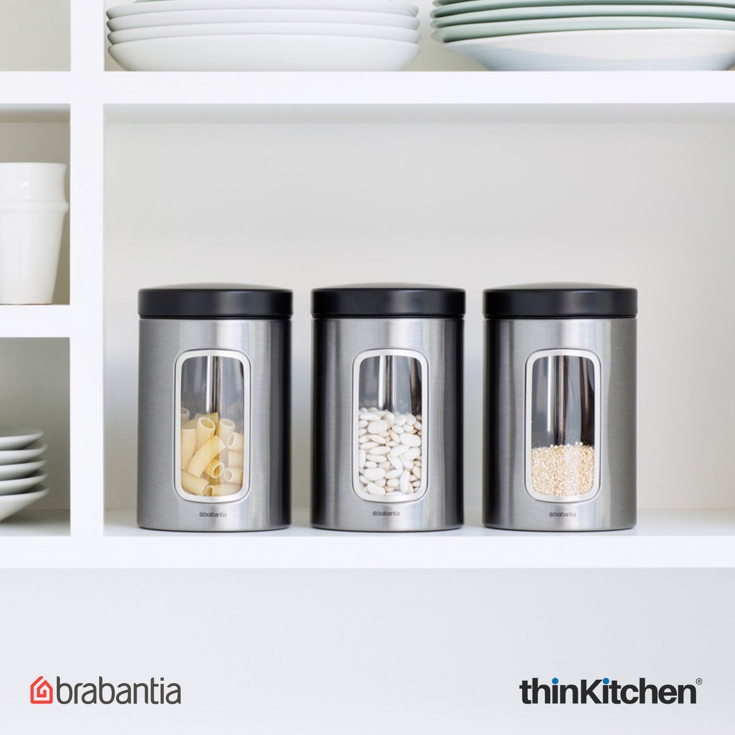 Brabantia, Food Enjoyment, Window Canister Set, 1.4 Litre, 3 Piece, Matt Steel Fingerprint Proof / Matt Black Lid