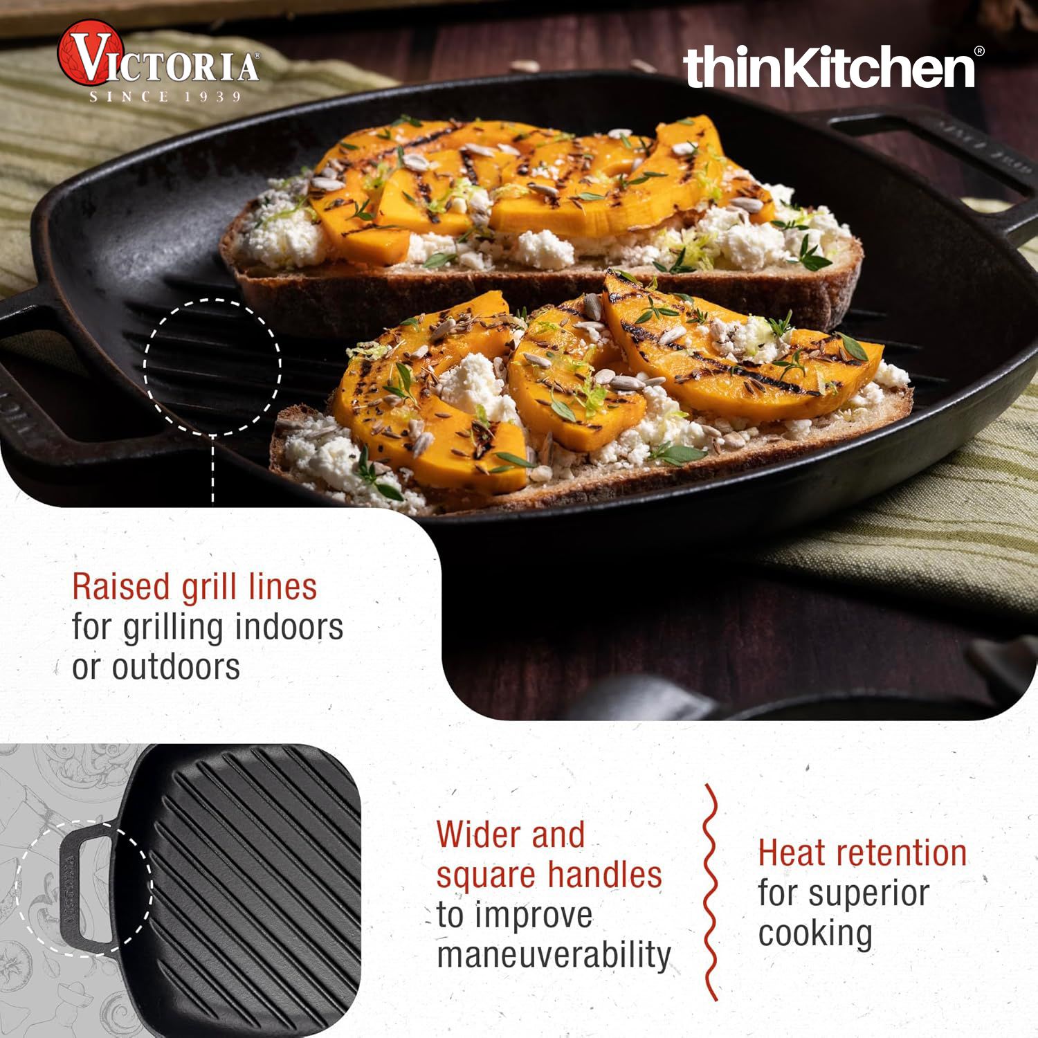 Victoria Cast Iron Square Grill Pan with Double Loop Handles, Made in Colombia, 10 Inches - 6