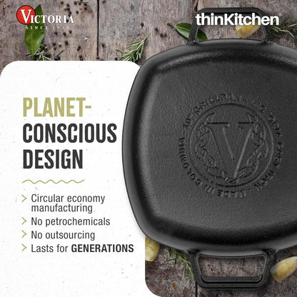Victoria Cast Iron Square Grill Pan with Double Loop Handles, Made in Colombia, 10 Inches