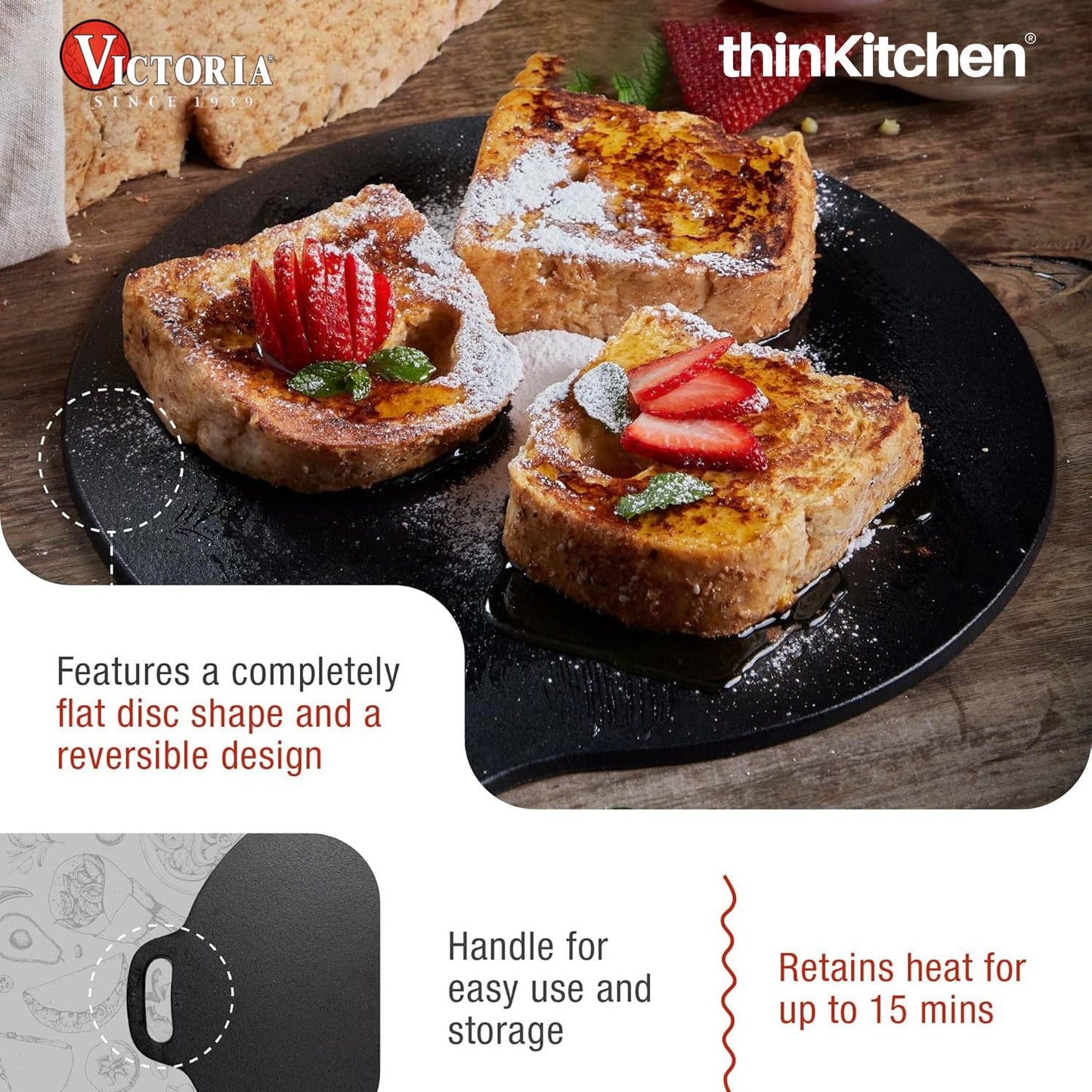 Victoria 12-Inch Cast Iron Tawa Dosa Pan | Pre-Seasoned Cast Iron Dosa Tawa, Crepe & Pizza Pan with Loop Handle | Durable Cast Iron Dosa Pan Made in Colombia